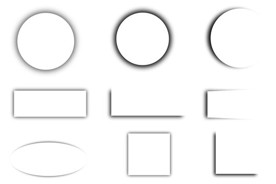 Set of stylised drop shadow frames in rectangle, circle,square and oval shapes with subtle drop shadows on transparent background for graphic elements, mockups, photo overlays.

