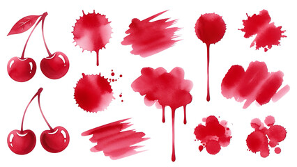 Vibrant cherries and splatters in a dynamic watercolor illustration