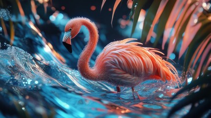 Flamingo Wading in Blue Water