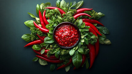 Glossy 3D rendering of chili and herbs forming a circular emblem with central bowl of relish 
