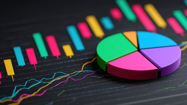 A colorful pie chart overlays a vibrant line graph, representing data analysis and business trends in a visually engaging format. - Powered by Adobe
