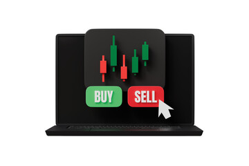 3d laptop trading icon. online trading concept. minimal cartoon candlestick chart stock market for fintech ads. isolated on white transparent background. 3d render.