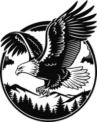 Bald Eagle Silhouette Flying Over Mountains and Forest - Vector Illustration for Logo, Emblem, Print, Tattoo, Wildlife, Nature, Freedom, American Symbol