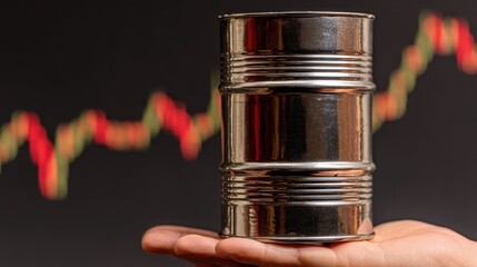A hand holds a metallic oil barrel against a blurred backdrop of fluctuating stock market graphs, symbolizing investment and economic trends.
