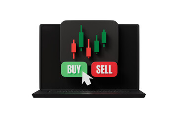 3d laptop trading icon. online trading concept. minimal cartoon candlestick buy sell for fintech app. isolated on white transparent background. 3d render.