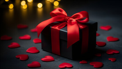 Open black gift box with red ribbon and heart confetti on dark background with bokeh lights, banner template perfect for love presents on Valentine's Day or anniversary celebrations with copy space.