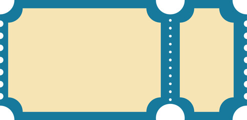 Blank vintage ticket stub template. Raffle, Cinema or event coupon with perforated vector isolated on white. Classic style empty token. Semi-circle cutouts, and retro teal border. events, cinema.