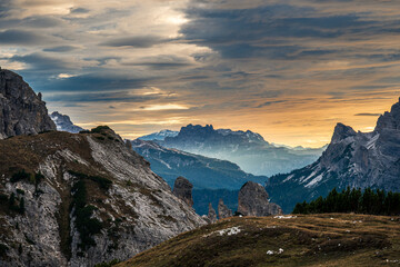 Beautiful sunset in Tre Cime di Lavaredo national park, Dolomites, Italy