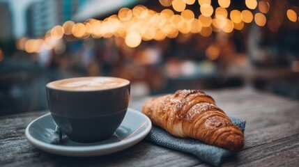 Cozy morning cafe vibes with warm cappuccino and flaky croissant outdoors.