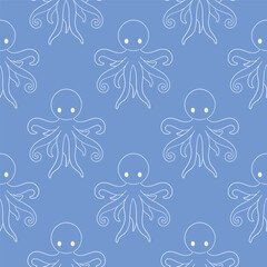 Seamless pattern with octopus in line art style floating in a repeating ocean themed design.