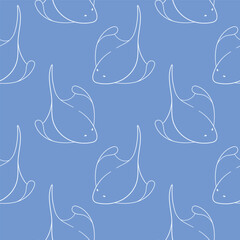 Seamless pattern with stingray in line art style. Wallpaper for summer design on blue background.