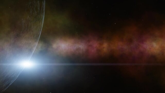 Planet edge illuminated by bright cosmic light against a deep space background with nebula and stars, symbolizing space exploration, universe, and futuristic sci-fi themes.