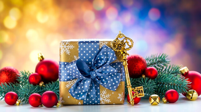 A beautifully wrapped gift box with a blue polka-dotted ribbo. Adjacent to the gift box is a vintage-lookinng ornate key