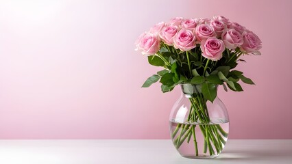 Fototapeta premium Happy valentine's day festival bouquet of pink roses in glass vase