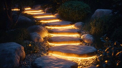 Stone Path with Glowing Lights in Garden at Night