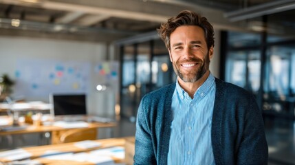 Fototapeta premium Smiling caucasian male adult in office setting.