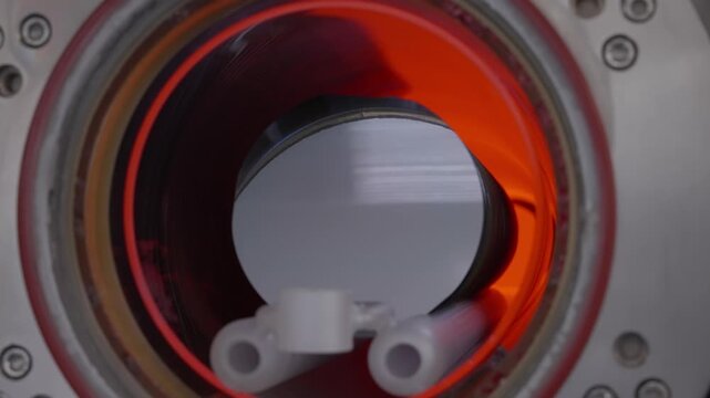 Inside a semiconductor processing chamber, a silicon wafer undergoes thermal treatment amid orange glow, seen through a port with ceramic fixtures during vacuum deposition