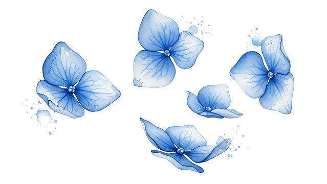 Delicate blue flowers floating gently in the air against a white background