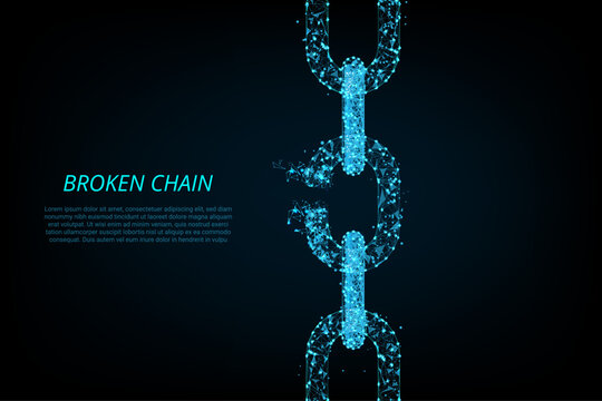 A futuristic broken chain illustration rendered in a glowing blue polygonal wireframe style against a dark background.