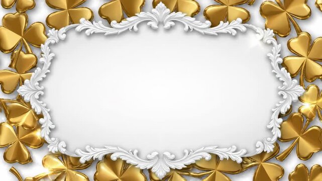 Abstract geometric animation of gold clover patterns seamlessly cycling around a pristine white ornamental frame border in a looping sequence stylish, stylish backdrop, high technology
