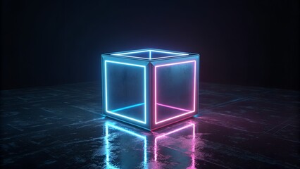 Glowing Neon Cube with Cyan and Magenta Light on Reflective Surface geometric shape