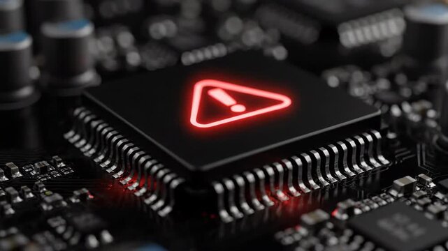 Macro view of a computer chip with a glowing red warning symbol on a circuit board.