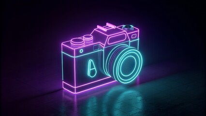 Neon outline of a vintage camera with glowing lens and flash on dark background retro