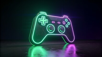 Neon outlined video game controller with green and purple lighting on dark surface