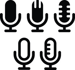 Set Microphone icon. Group Audio mic. Collection Studio table microphone. Podcast radio symbol. Flat and line icon vector