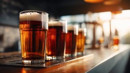 pint glasses on bar with amber glow and taproom backdrop