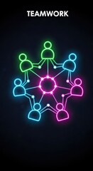 Stylized representation of interconnected individuals forming a collaborative network glows with neon light against a dark background