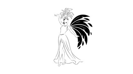 Silhouette of a woman dancing Carnival, stylized costume, minimalist vector design, limited color palette, elegant composition, thin lines, abstract modern illustration, white background