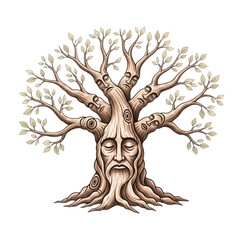 Mystical Tree Spirit with Faces, Ancient Forest Guardian, Fantasy Illustration
