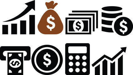 Set of Finance icons. Business Icons, money signs. Money silhouette collection. Coins silhouette icon. Growth chart. Moneybag or stash. Calculator sign. Piggy bank flat style. coins stack and dollar s