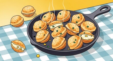 Golden brown baked batter spheres cook in a dark metal skillet atop a checkered cloth
