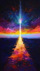 Vibrant Oil Painting of Celestial Light Over Water