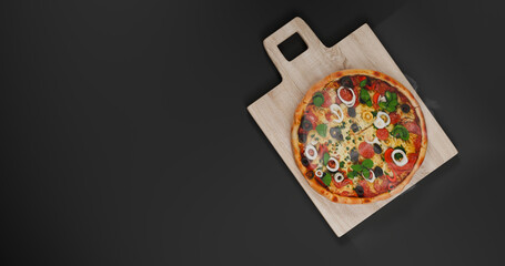 Vegetable Pizza Top View on Cutting Board