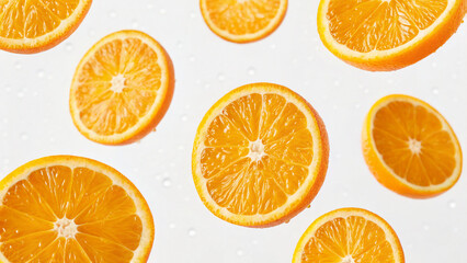 Floating orange slices in water droplets create a fresh and vibrant scene