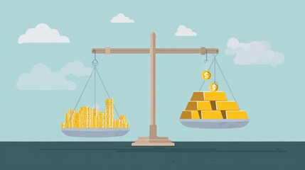 Balance Scale with Gold Bars and Coins