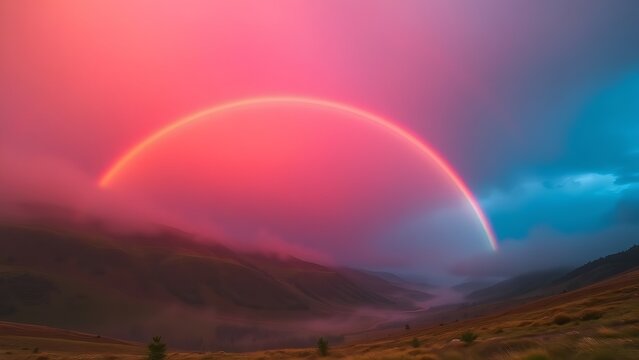 crescendo. A vibrant rainbow arching over a misty valley after rainfall. travel magazines, destination branding, designed for outdoor magazines and nature guides, used by financial analysts. - Powered by Adobe