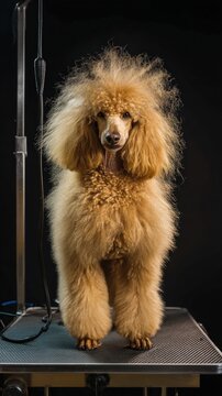 Fluffy, groomed dog with curly light brown fur stands on a grooming table, its hairstyle carefully styled for volume. Dog appears attentive and is the sole focus of the image