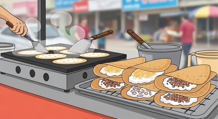 Vendor prepares thin, folded street food snacks on a flat metal griddle outdoors