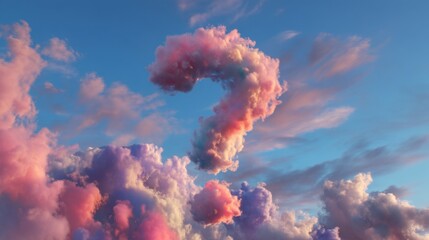 Colorful cloud formation in the shape of a question mark against a blue sky.