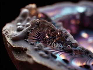 Smooth metallic surface with iridescent colors and intricate textures, resembling a cross-section of a geode. Light reflects off detailed formations, creating a mesmerizing visual effect