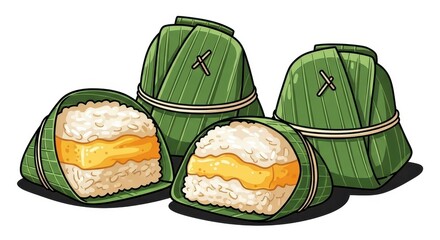 Traditional steamed sticky rice dumplings wrapped in green leaves are presented for consumption