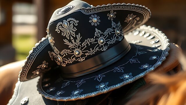 charro. An ornate Mexican charro hat resting on a leather saddle. event programs, museum guides, cultural reports, designed for cultural heritage projects and event programs, used by professors.