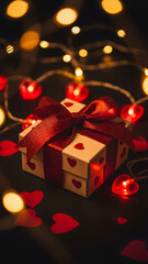 Gift box with red ribbon and heart-shaped lights, festive romantic present. Vertical template for Valentine's Day and anniversary celebration.