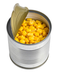 Open Can of Sweet Corn Kernels Isolated on White Background Top View
