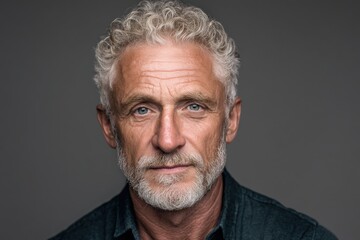 Elderly man with curly gray hair and beard, wearing a dark shirt, looking directly at the camera. Features thoughtful expression, facial wrinkles, and well-groomed appearance