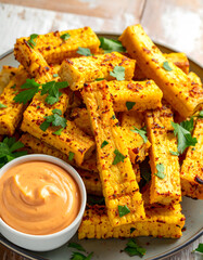 Grilled Corn on the Cob Strips with Seasoning and Dipping Sauce

